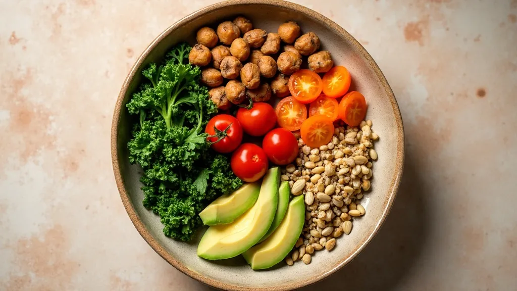 Assiette végétale équilibrée : légumineuses, tofu, légumes verts, graines